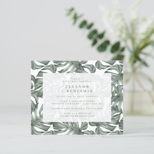 Budget Boho Waterverf Monstera Wedding Invite (Staand voorkant)