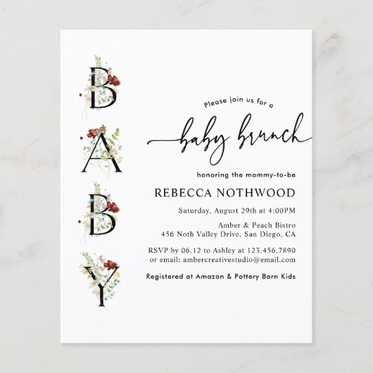 Budget Boho Wildbloemen Baby Brunch Uitnodiging (Voorkant)