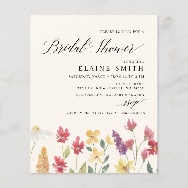 Budget Boho Wildbloemen Bridal Shower Invitations (Voorkant)