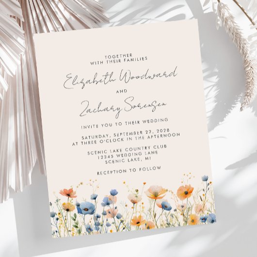 Budget Boho Wilde Bloem Oranje Blauwe Trouw Uitnod