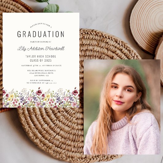 Budget Boho Wilde Bloemen Foto Grad Feest Uitnodig