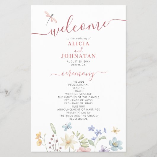 Budget boho wilde bloemen trouwprogramma flyer (Voorkant)