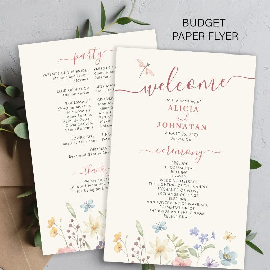 Budget boho wilde bloemen trouwprogramma flyer