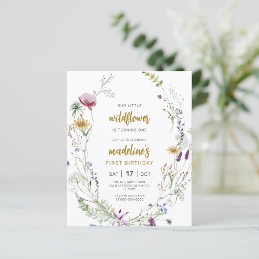 Budget Boho Wildflower 1e Verjaardag Uitnodiging (Staand voorkant)