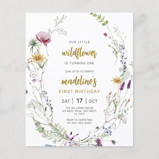 Budget Boho Wildflower 1e Verjaardag Uitnodiging (Voorkant)