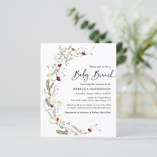Budget Boho Wildflower Baby Brunch Uitnodiging (Staand voorkant)