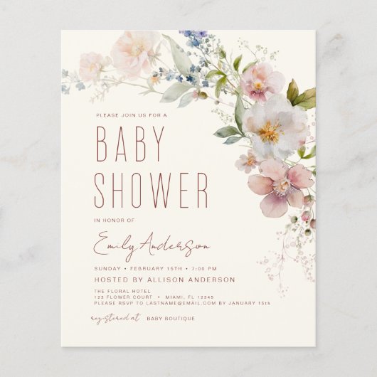 Budget Boho Wildflower Baby shower Flyer (Voorkant)