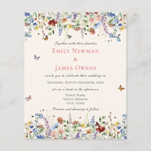 Budget Boho Wildflower Bloemen Bruiloft Uitnodigin (Voorkant)
