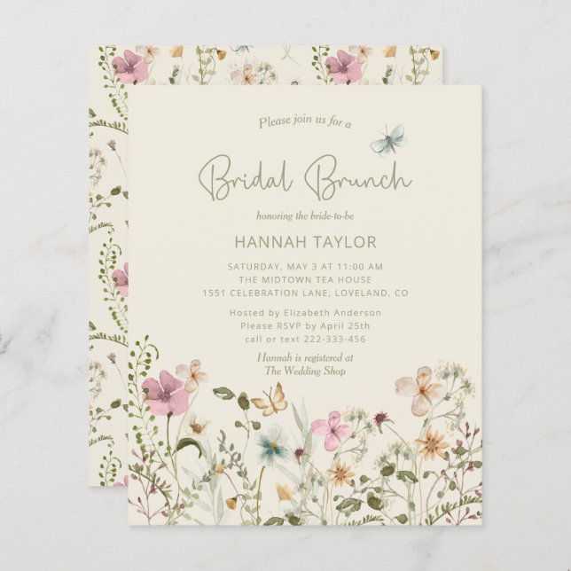 Budget Boho Wildflower Bridal Brunch Uitnodiging (Voorkant / Achterkant)