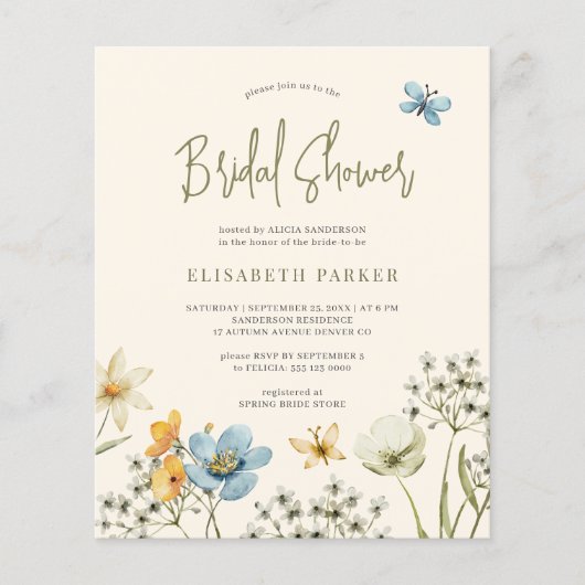Budget boho wildflower bruids douche uitnodiging flyer (Voorkant)