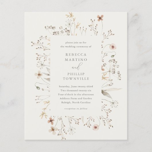 Budget Boho Wildflower Wedding Uitnodiging (Voorkant)