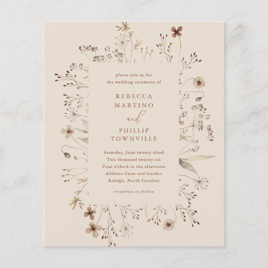 Budget Boho Wildflower Wedding Uitnodiging (Voorkant)