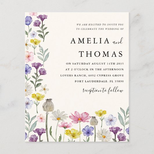 Budget Boho Wildflower Wedding Uitnodiging (Voorkant)