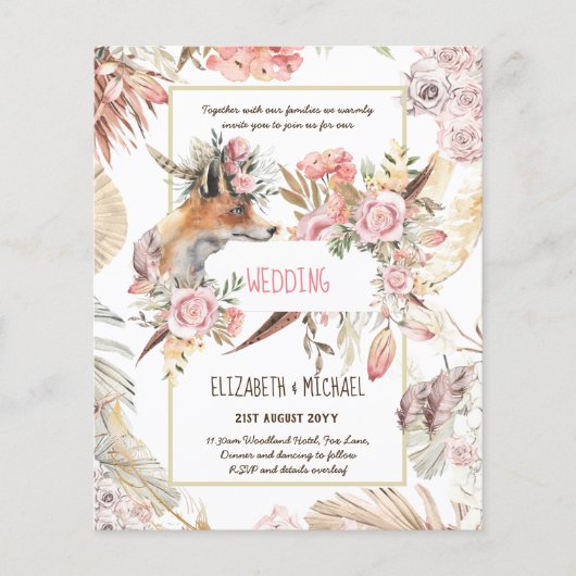 BUDGET Boho Woodland FOX Bloemige Trouw Moderne Flyer (Voorkant)