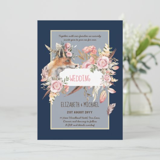 BUDGET Boho Woodland FOX Floral Wedding Modern Kaart (Staand voorkant)