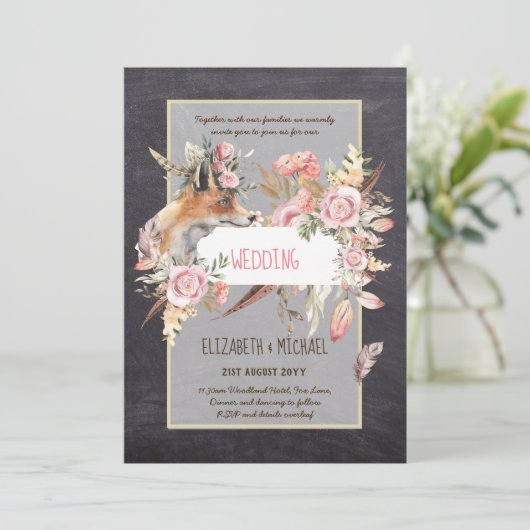 BUDGET Boho Woodland FOX Floral Wedding Modern Kaart (Staand voorkant)