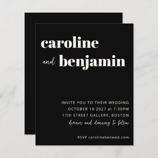 Budget Bold Black Modern Wedding Invitation (Voorkant / Achterkant)
