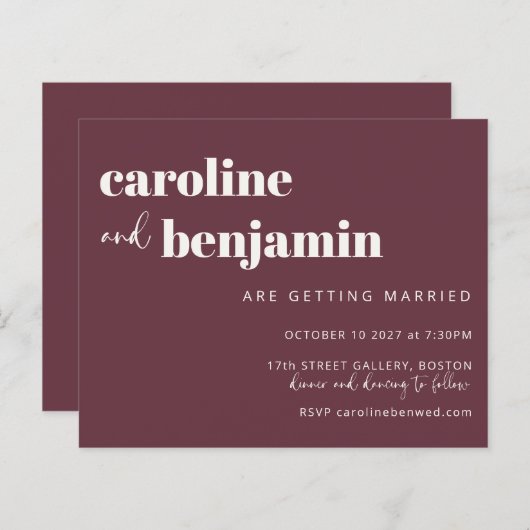 Budget Bold Burgundy Chic Modern Wedding Invite (Voorkant / Achterkant)