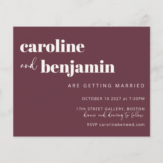 Budget Bold Burgundy Chic Modern Wedding Invite (Voorkant)