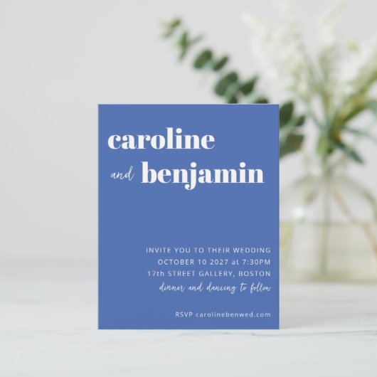 Budget Bold French Blue Moderne Wedding Invitation (Staand voorkant)