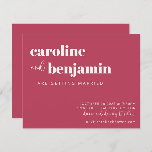 Budget Bold Magenta Modern Wedding Uitnodiging (Voorkant / Achterkant)