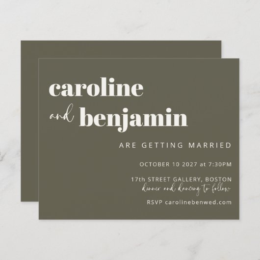 Budget Bold Olive Green Chic Modern Wedding Invite (Voorkant / Achterkant)