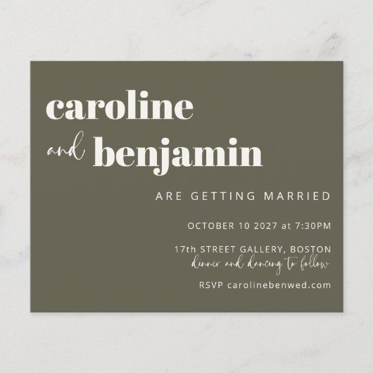 Budget Bold Olive Green Chic Modern Wedding Invite (Voorkant)