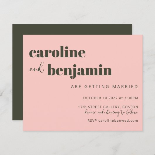 Budget Bold Pink Olive Green Chic Wedding Invite (Voorkant / Achterkant)