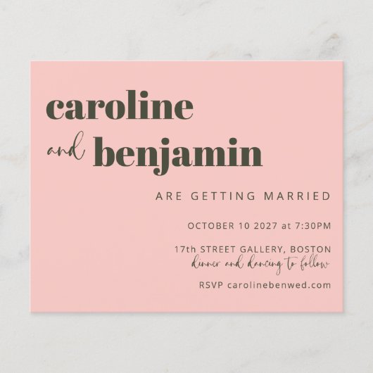 Budget Bold Pink Olive Green Chic Wedding Invite (Voorkant)