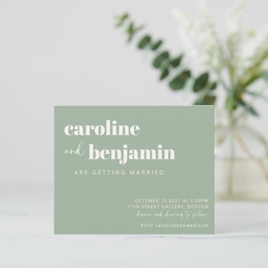 Budget Bold Sage Green Chic Modern Wedding Invite (Staand voorkant)