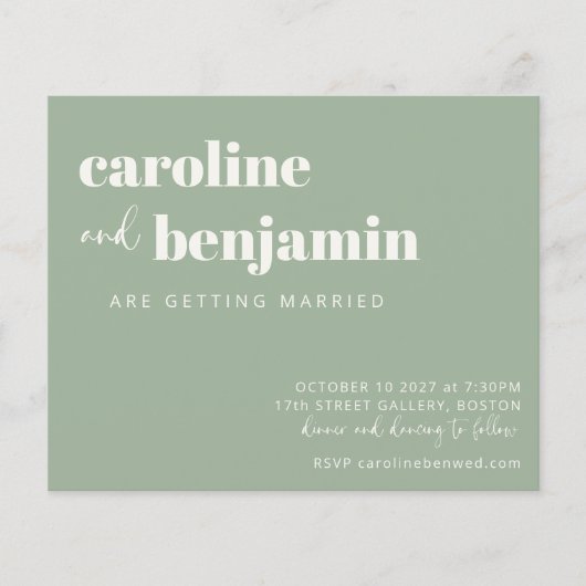 Budget Bold Sage Green Chic Modern Wedding Invite (Voorkant)