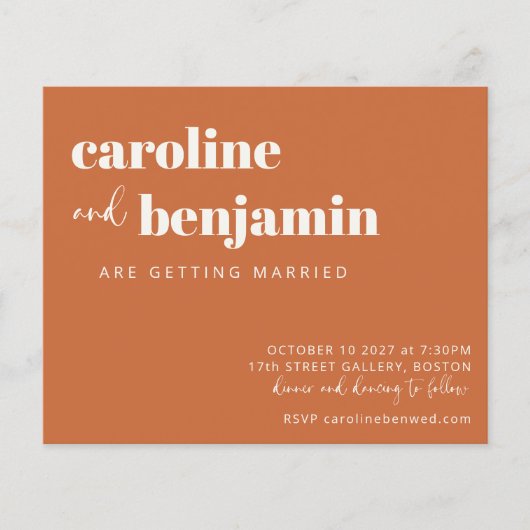 Budget Bold Terracotta Chic Modern Wedding Invite (Voorkant)