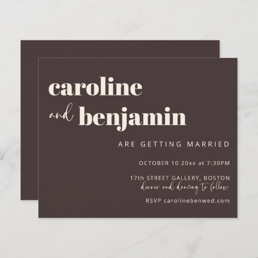 Budget Bold Warm Brown Chic Modern Wedding Invite (Voorkant / Achterkant)