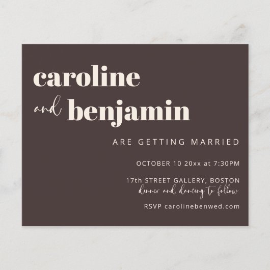 Budget Bold Warm Brown Chic Modern Wedding Invite (Voorkant)
