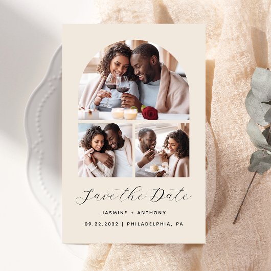 Budget Boog 3-Foto Collage Beige Save the Date