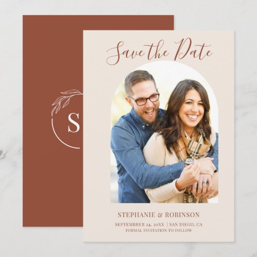 Budget Boog Foto Bruiloft Monogram Save The Date Aankondiging (Voorkant / Achterkant)