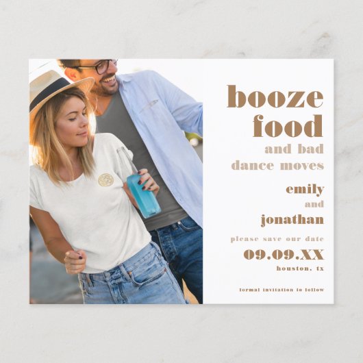 Budget Booze Food Bad Dance Moves Photo Save Date (Voorkant)