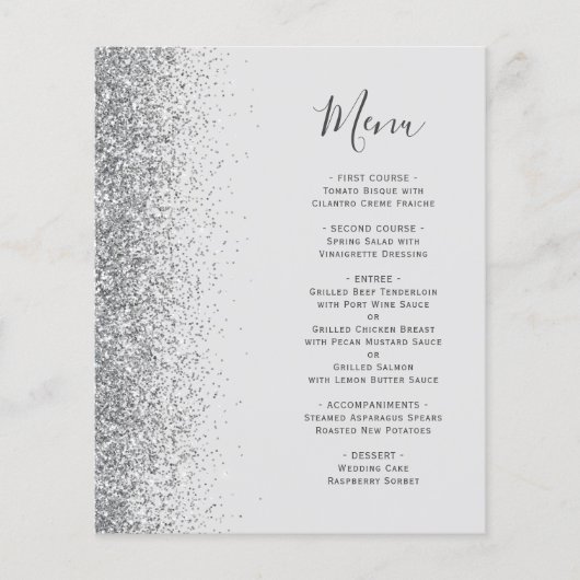 Budget Bord Grijs Zilver Glitter Bruiloft Menu (Voorkant)