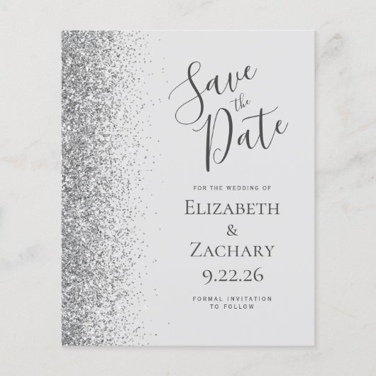 Budget Bord Grijs Zilver Glitter Save the Date (Voorkant)