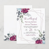 Budget bordeauxrood chic bloemig trouwuitnodiging (Voorkant / Achterkant)