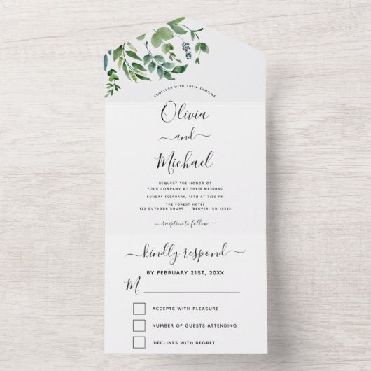 Budget Botanical Greenery Wedding RSVP All In One Uitnodiging (Binnen)