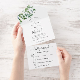 Budget Botanical Greenery Wedding RSVP All In One Uitnodiging