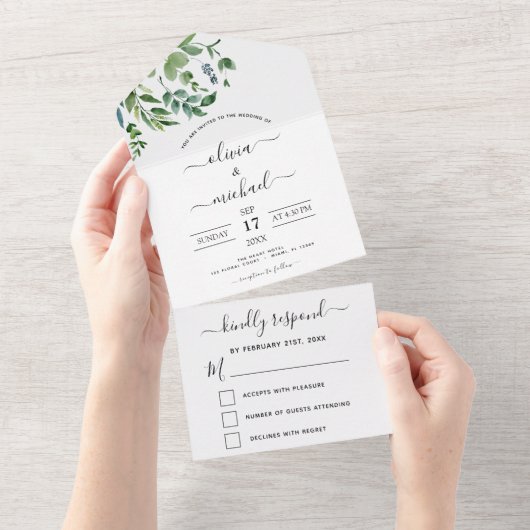 Budget Botanical Greenery Wedding RSVP All In One Uitnodiging (Afscheurbaar)