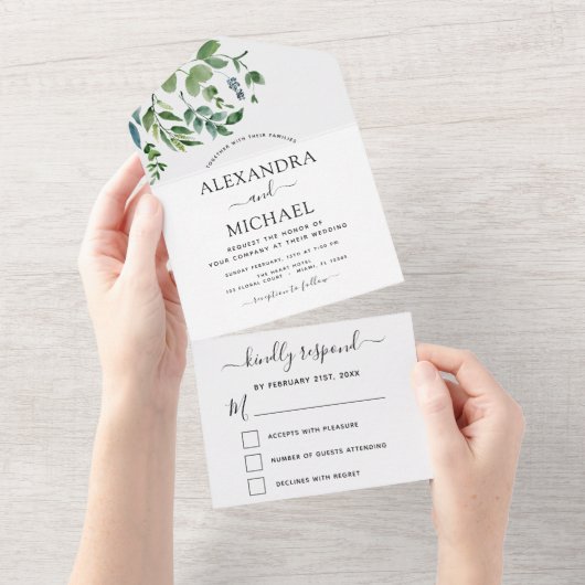Budget Botanical Greenery Wedding RSVP All In One Uitnodiging (Afscheurbaar)