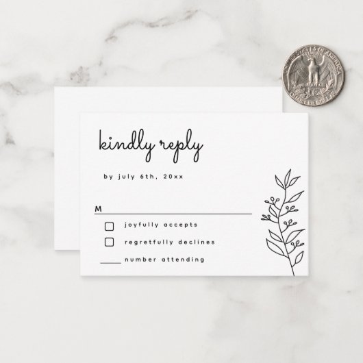 BUDGET Botanical Script Simple Wedding RSVP Kaart Notitiekaartje (Voorkant / Achterkant in situ)