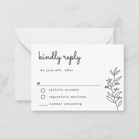 BUDGET Botanical Script Simple Wedding RSVP Kaart Notitiekaartje (Voorkant)