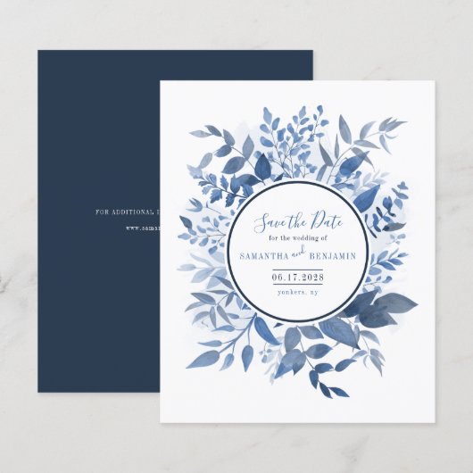 Budget Botanisch Loofwerk Navyblauw Save the Date (Voorkant / Achterkant)