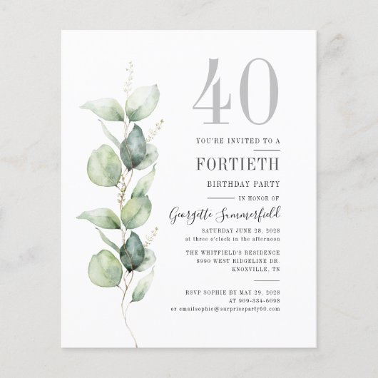 Budget Botanische 40e Verjaardag Eucalyptus Uitnod (Voorkant)
