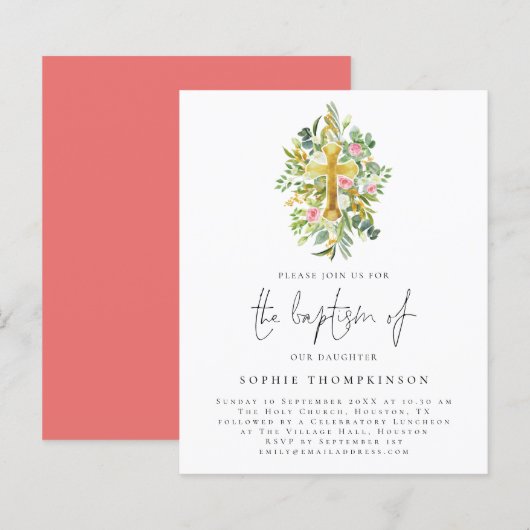 Budget Botanische Eucalyptus Cross Baptisme Invite (Voorkant / Achterkant)