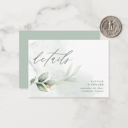 budget botanische eucalyptus huwelijksdetails notitiekaartje (Voorkant / Achterkant in situ)